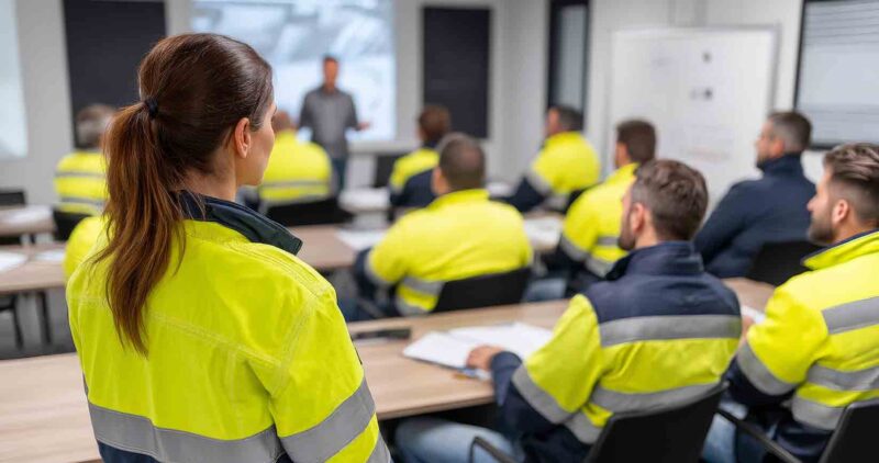 Kurs BHP – pracownicy podczas szkolenia bezpieczeństwa pracy w firmie